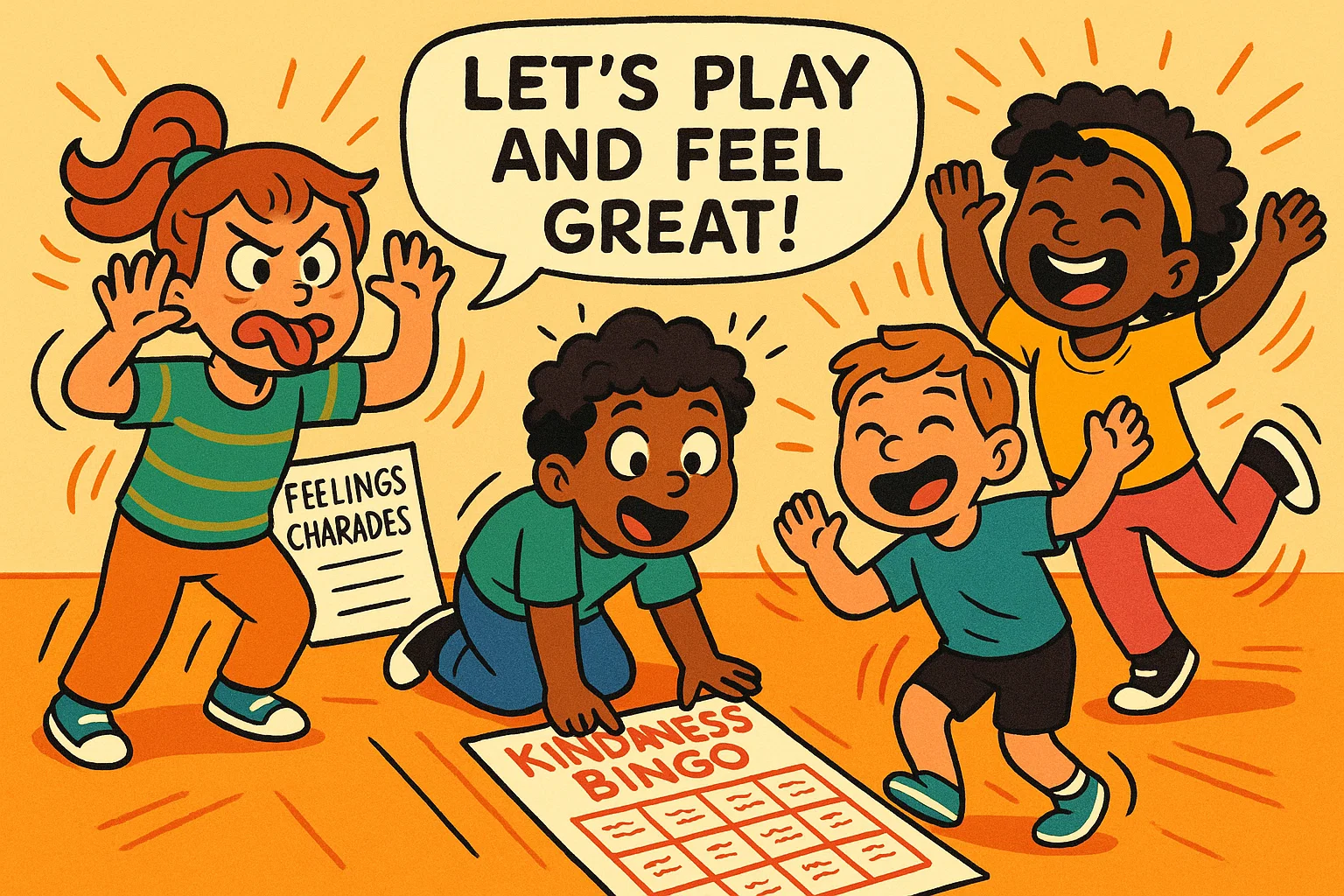 Kids playing mental health games in a joyful cartoon scene to support emotional wellbeing.