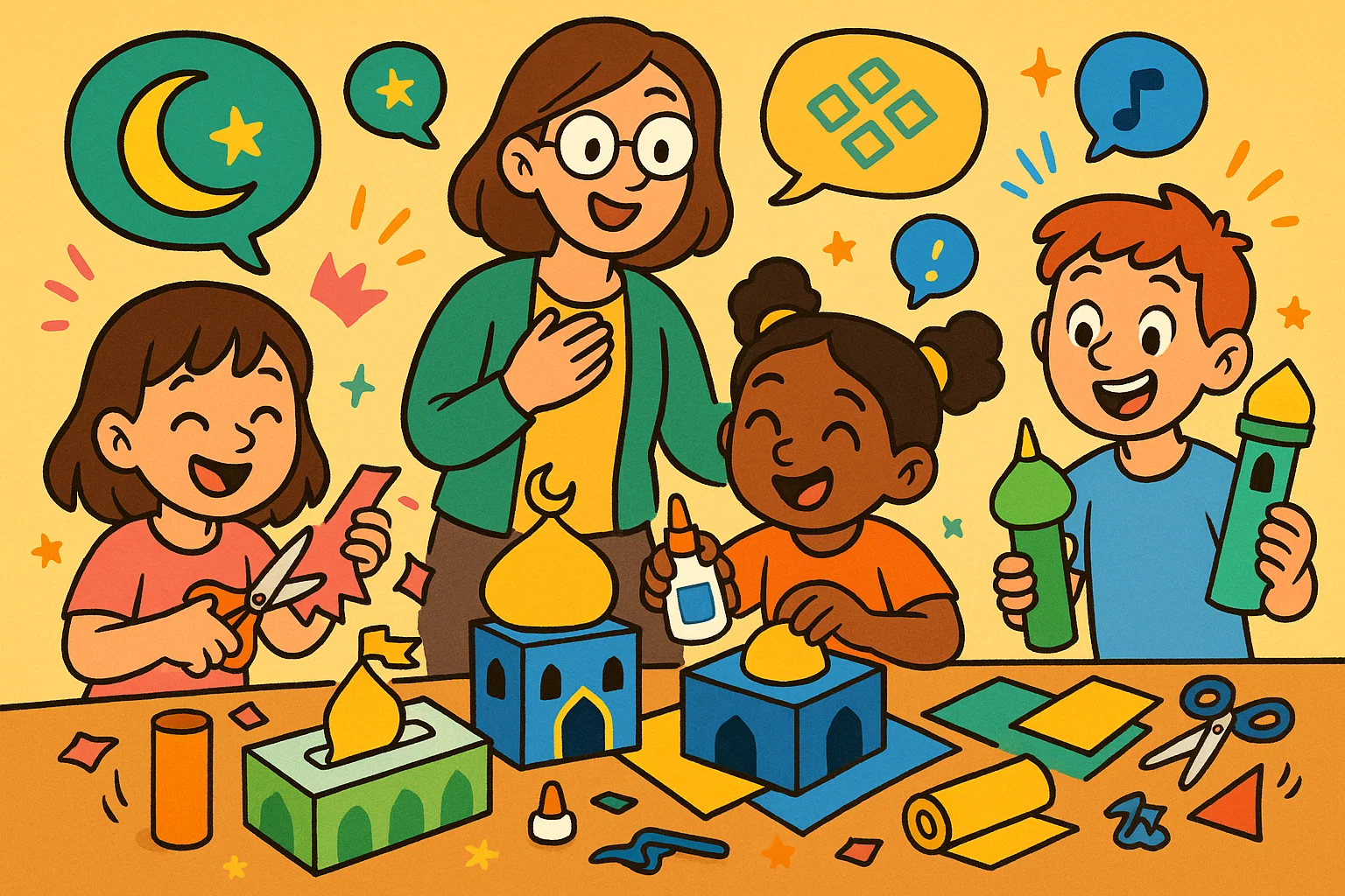  Mosque themed crafts for kids making cardboard mosque shapes in a fun cartoon style.