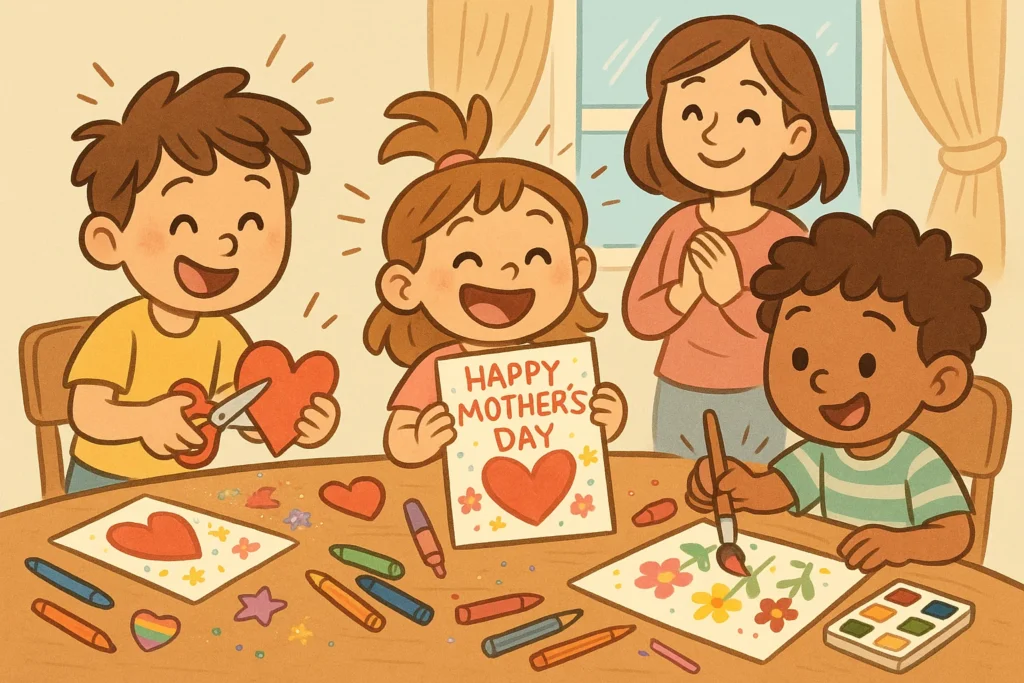 Kids creating mothers day activities for kids cartoon crafts at a bright table.