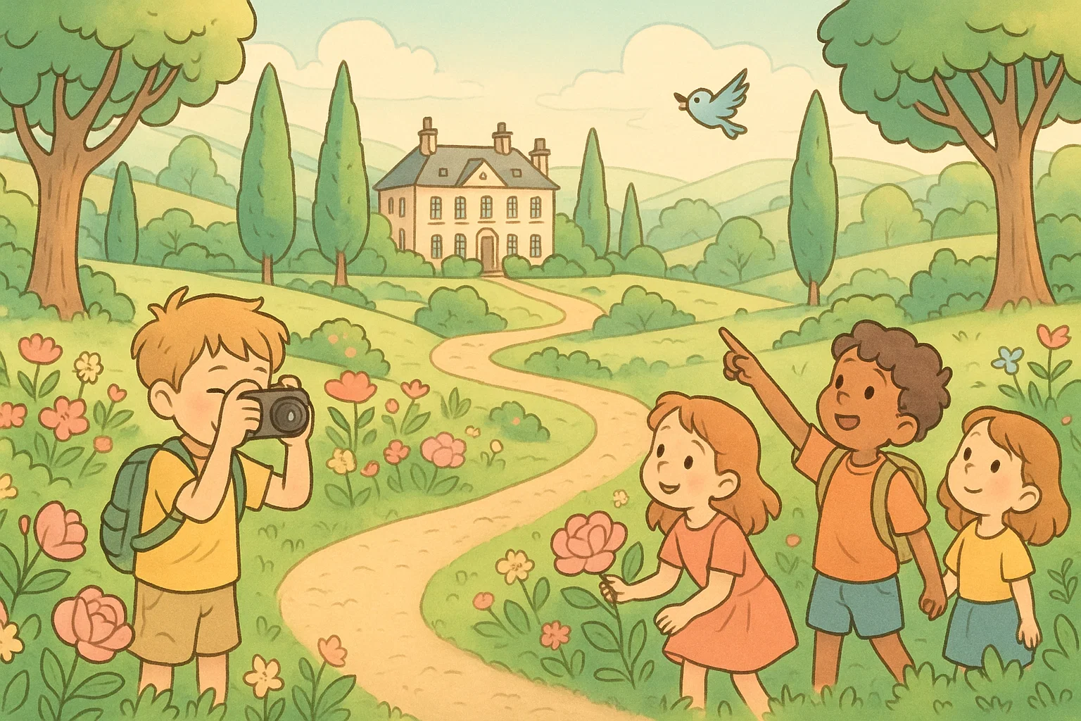 National trust style free spaces cartoon with family exploring gardens.
