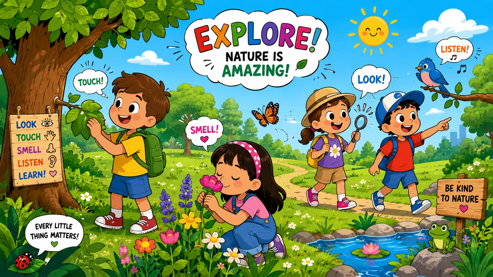 Nature and outdoor sensory activities for kids in sunny park.