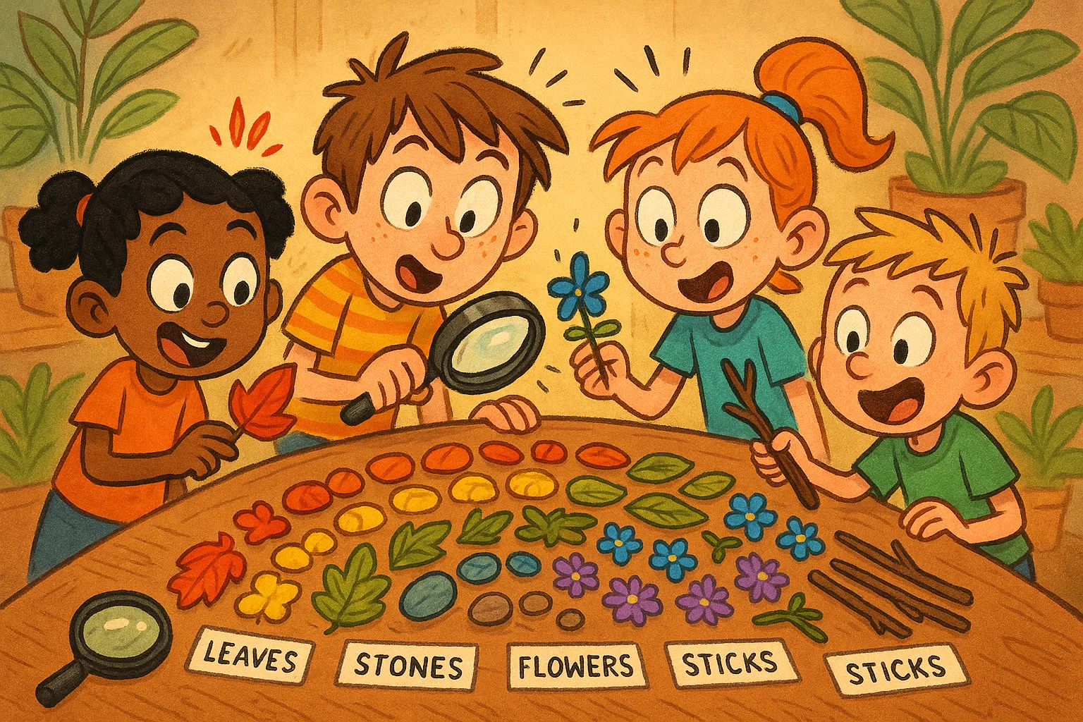 Children exploring nature inspired color adventures indoors with leaves and bright items.
