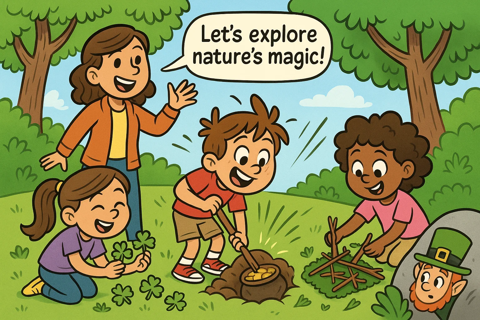 Kids exploring nature inspired St Patricks Day activities outdoors.
