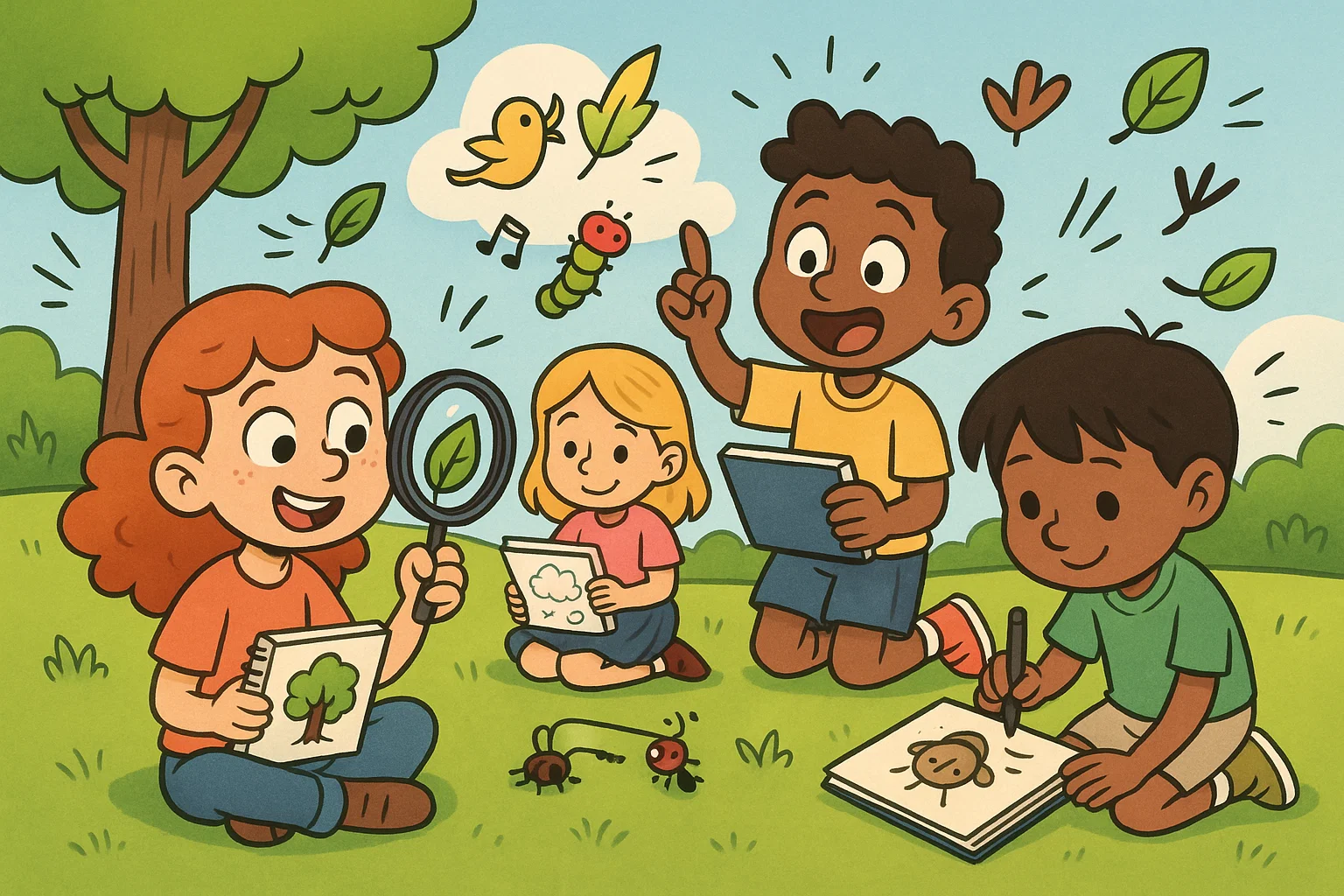 Kids doing nature journals real life writing while sketching outside in a park.