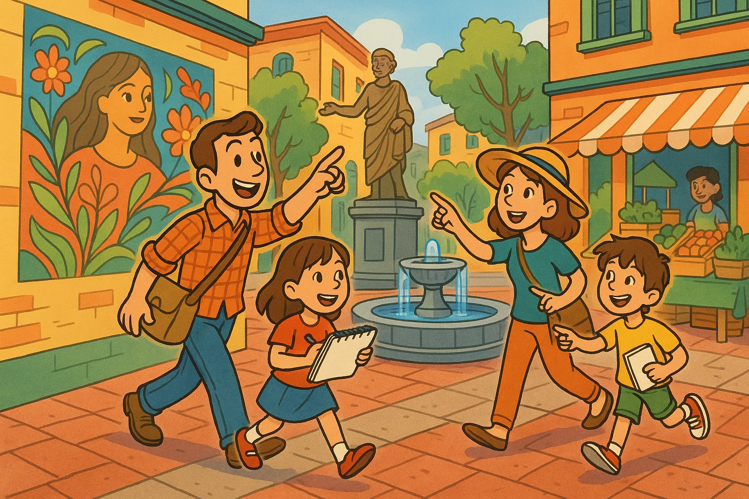 Neighbourhood walks cultural landmarks cartoon with family exploring city sights.