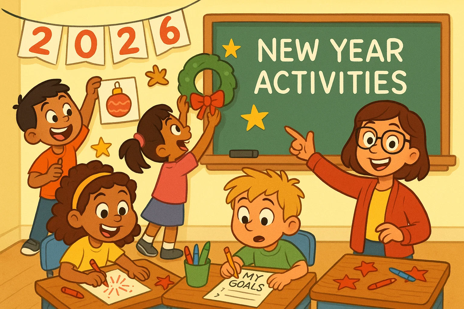 New year activities at school with classroom games, creative tasks, and group learning.

