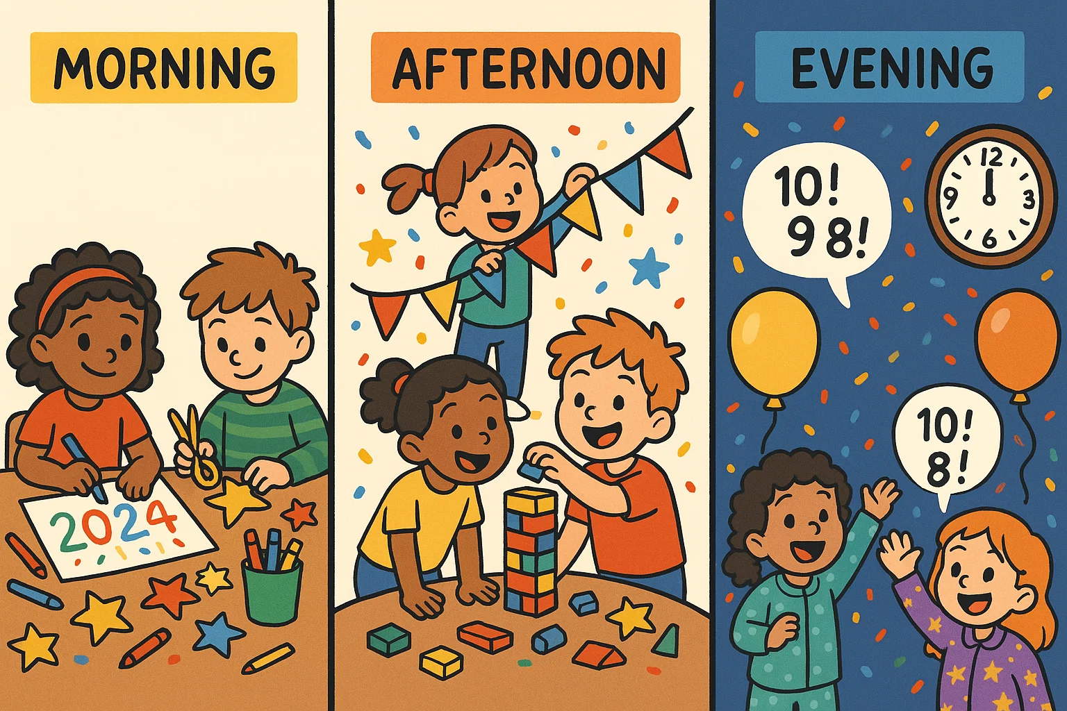 New year activities by time of day for kids from daytime crafts to evening celebrations.
