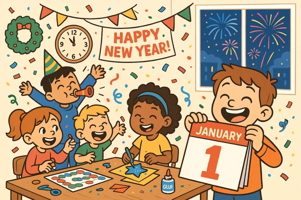 New year activities for kids guide with games, crafts, and festive learning ideas.