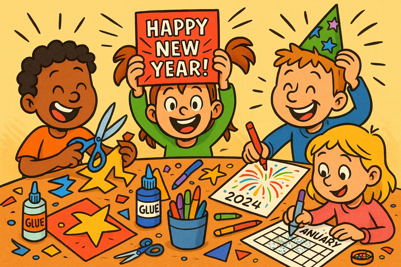 New year crafts for kids making decorations, hats, and creative holiday projects.
