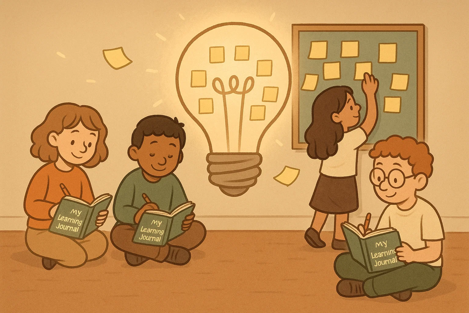 Offline reflection activities for deep recall with students reviewing notes and insights.