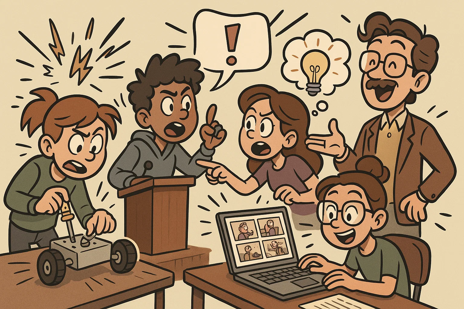  Teens working on older kids problem solving challenges that build advanced skills.