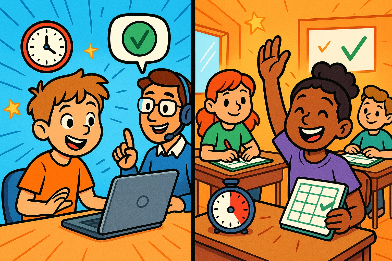 Online offline learning options shown with digital and in person study scenes.
