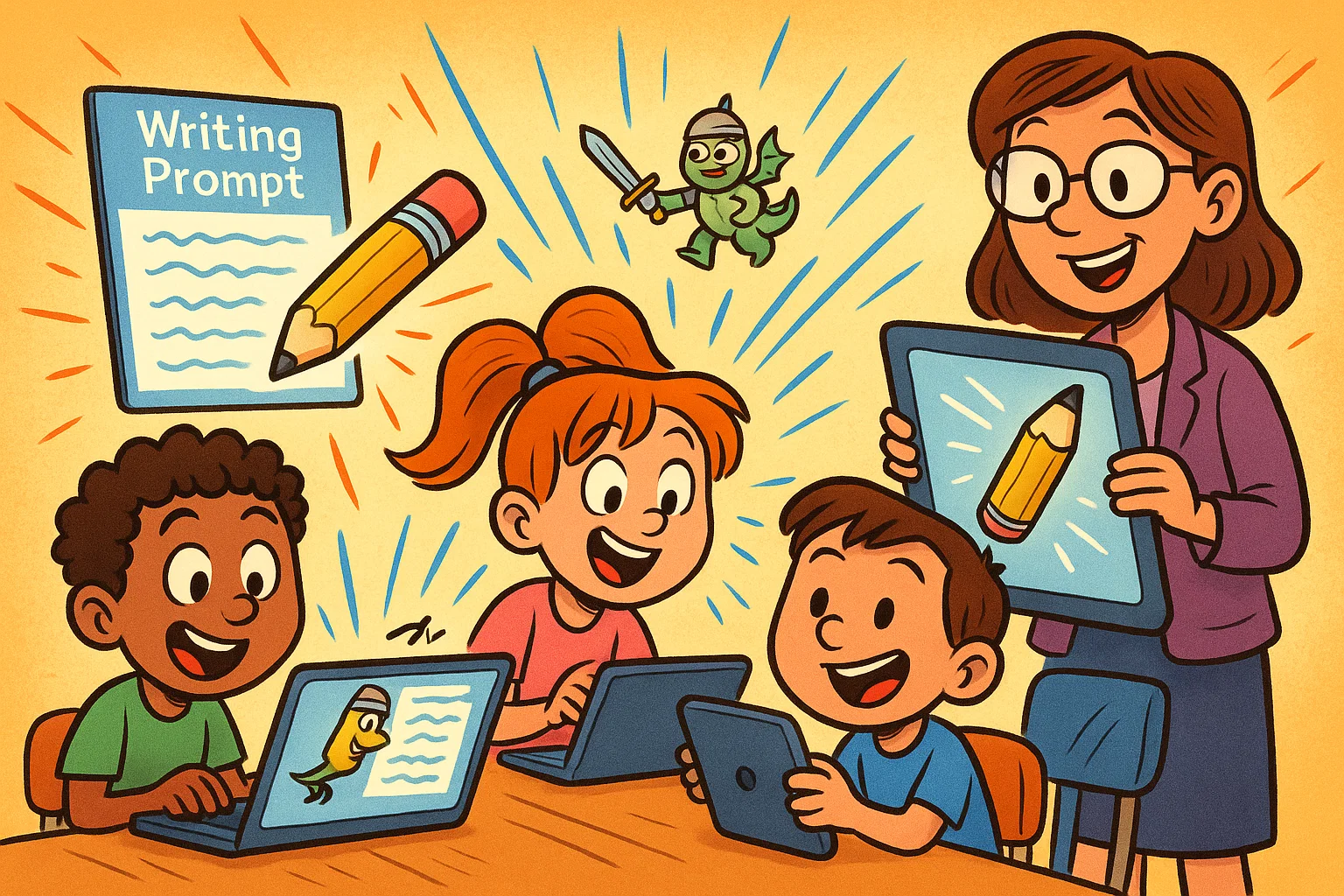  Children learning with online writing programs guided tools on cartoon laptops.