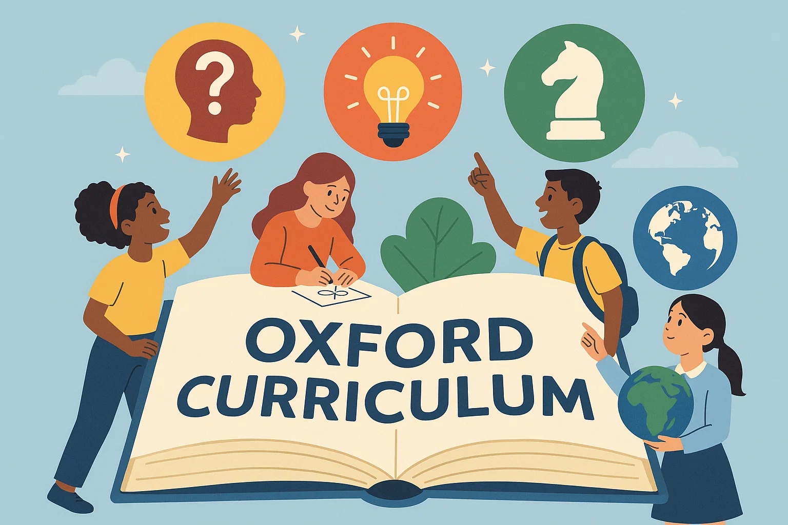  Illustration of an open book with icons symbolizing the key features of the Oxford Curriculum like critical thinking and leadership.
