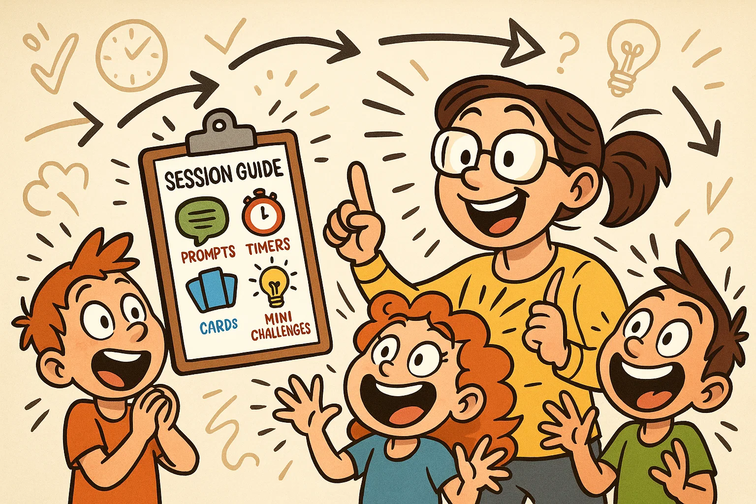 Organize interactive learning sessions family planning cartoon with cheerful characters.
