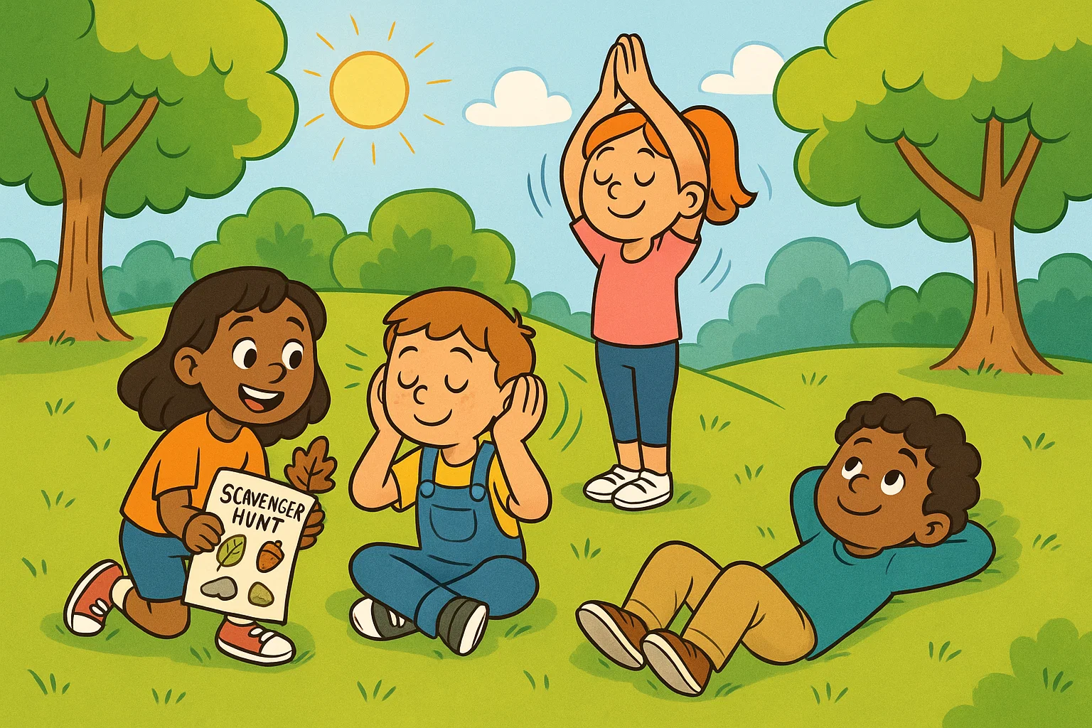 Kids doing outdoor activities for emotional wellbeing in a bright cartoon park scene.