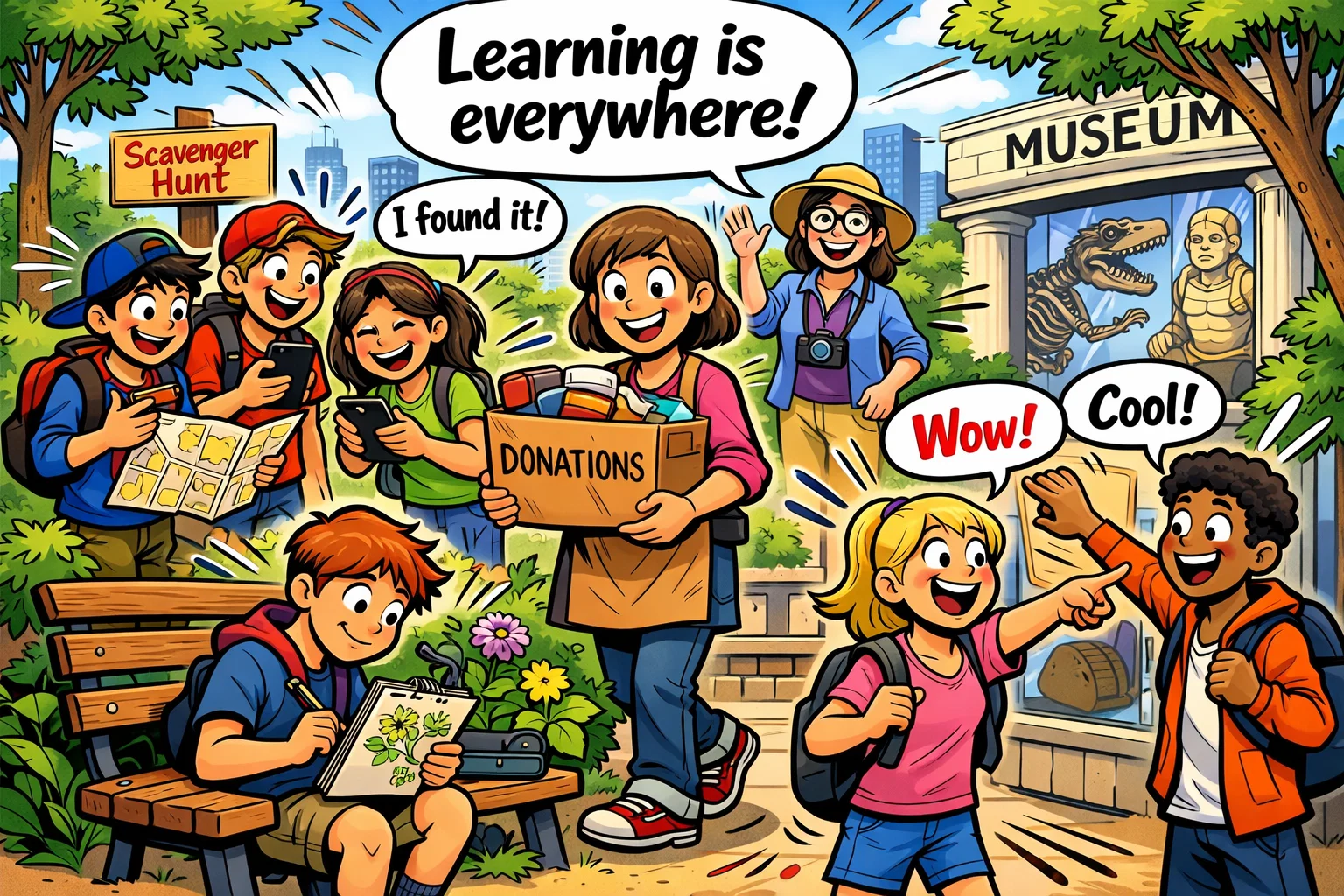 Outdoor and community educational activities for teens in park and museum.
