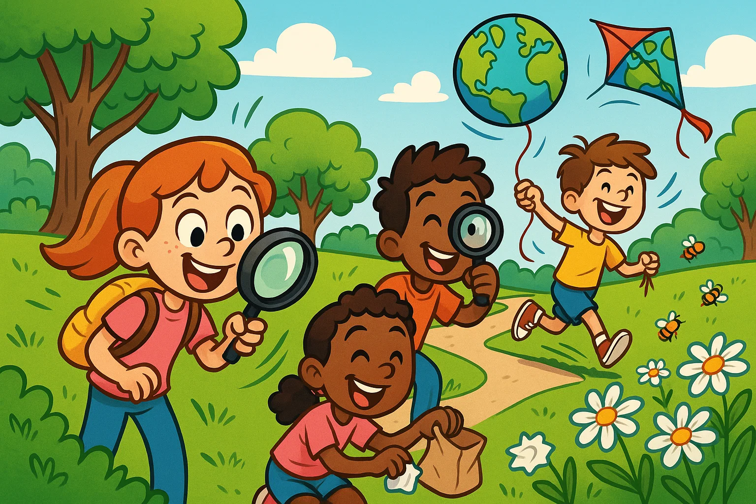 Outdoor Earth Day activities cartoon with children exploring nature and helping the planet.