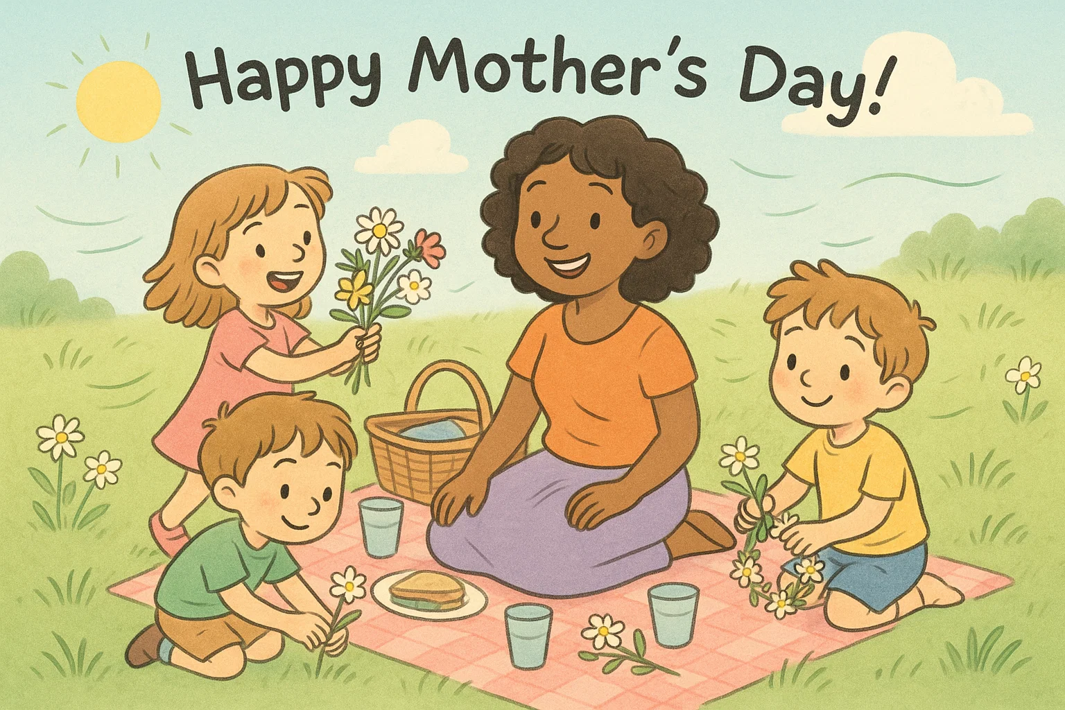Children doing outdoor mothers day activities cartoon in a sunny park.