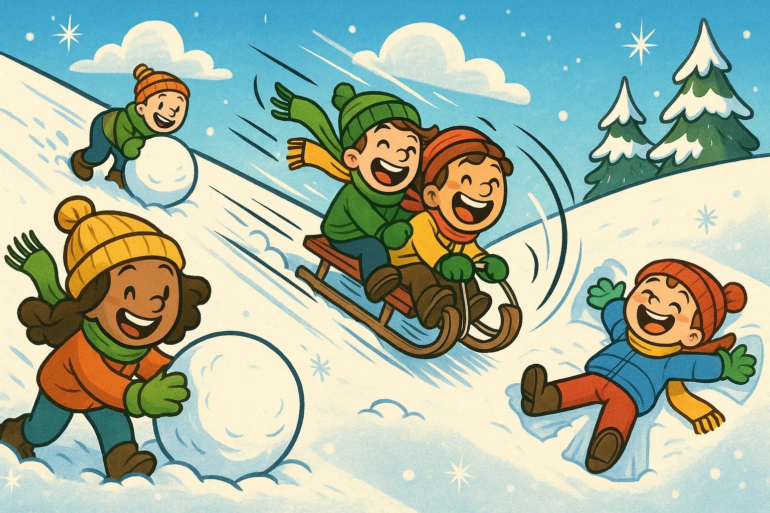 Cartoon of outdoor snow play ideas with kids sledging and building snowmen.