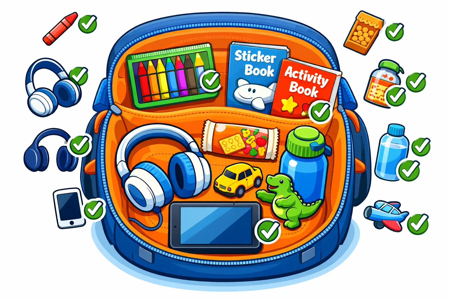 Packing checklist with airplane activities for kids packed in a travel backpack.
