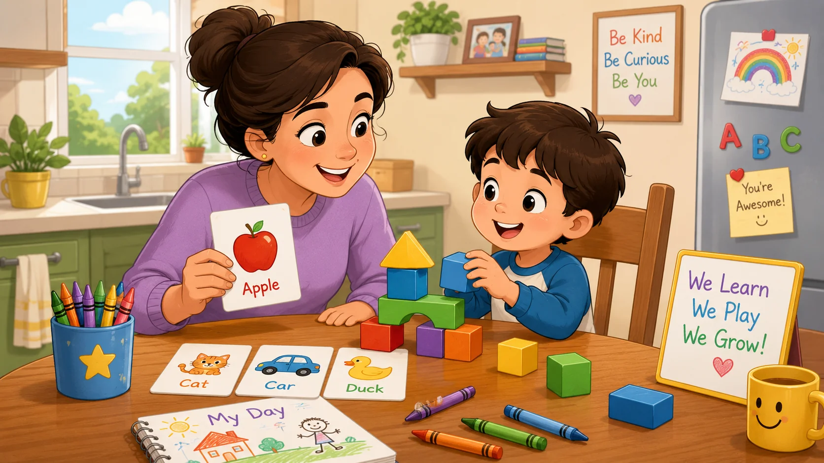 Parent child learning games in kitchen with blocks and picture cards.