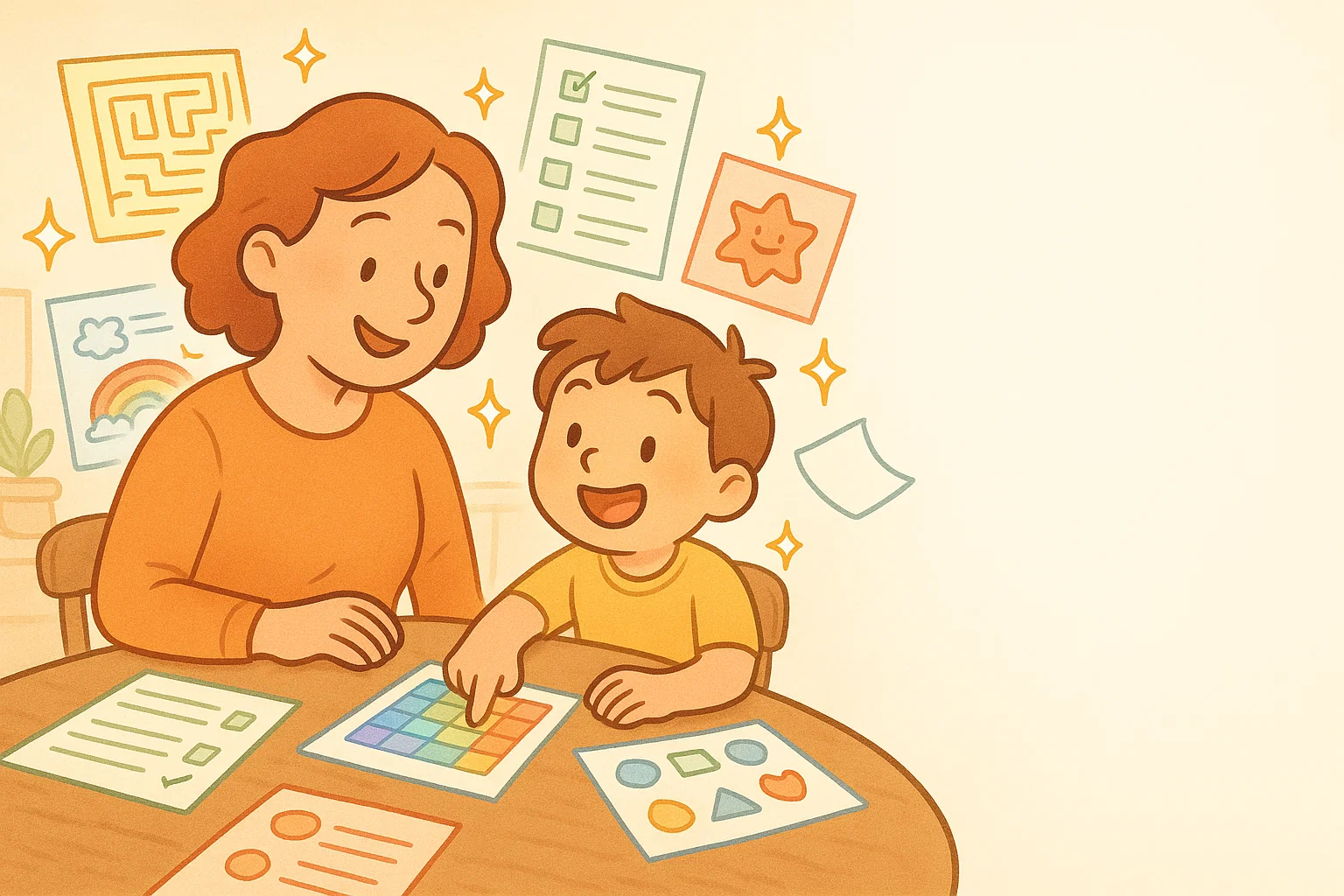Parent and child using life skills materials and worksheets in a warm cartoon setting.