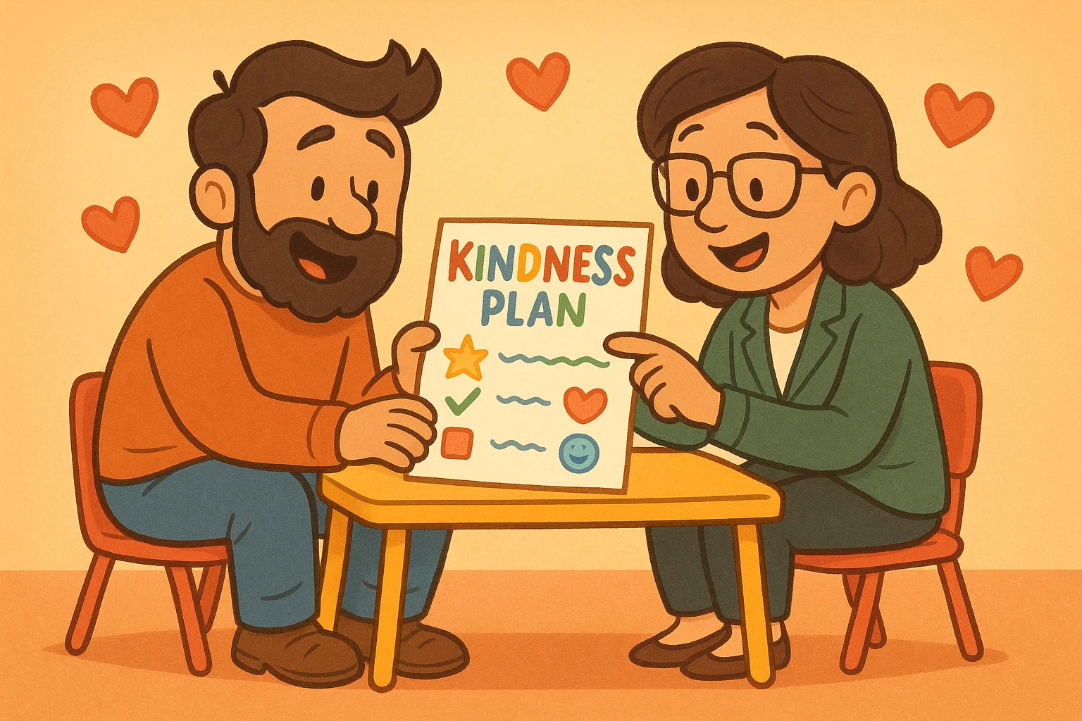  Parent support options for kindness shown with a cartoon parent and teacher meeting.
