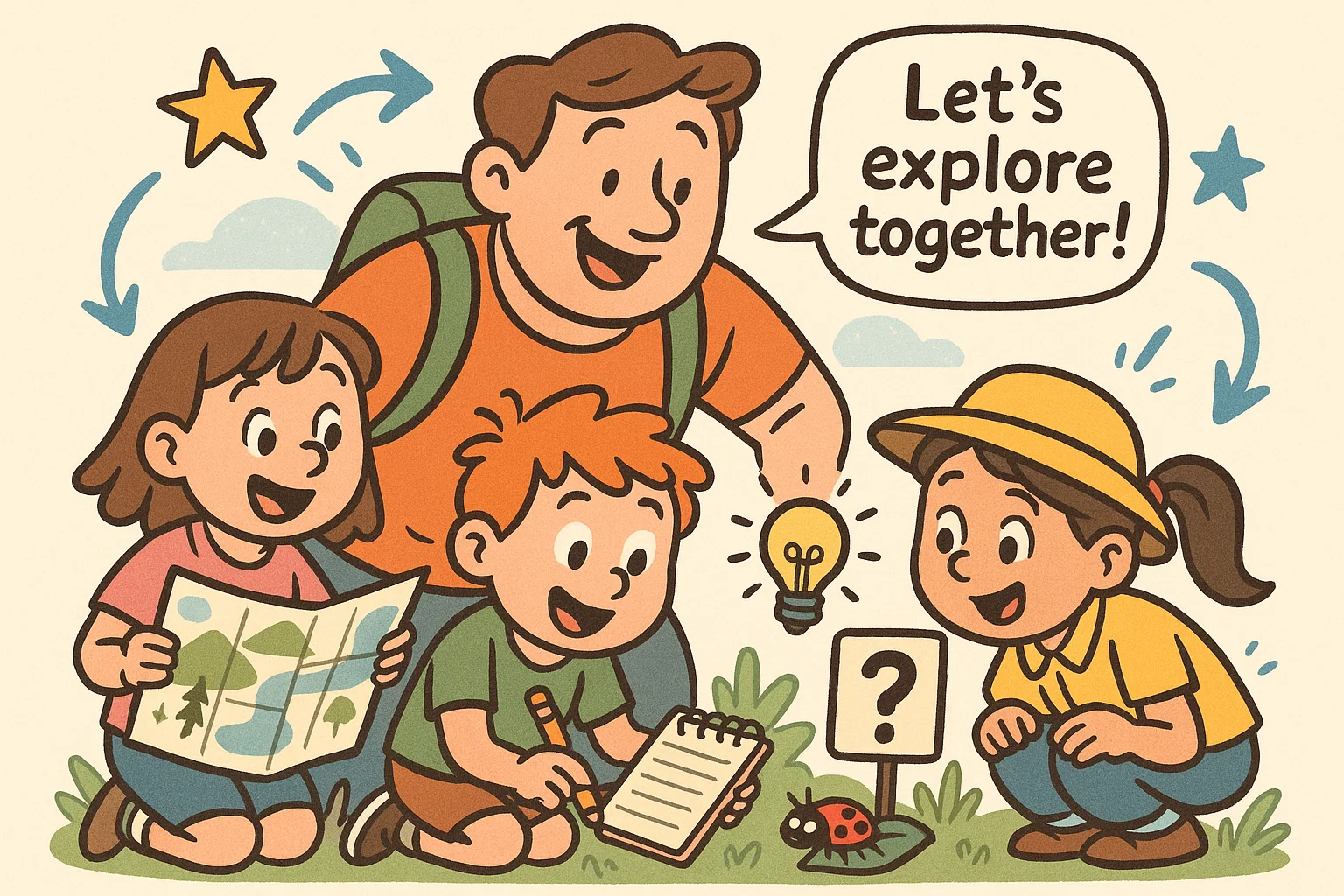 Cartoon parent sharing engaging learning tips with kids in Schwyz.