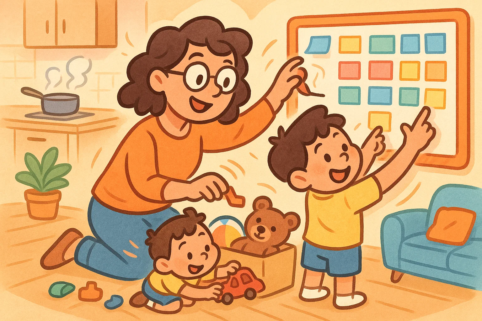 Parent tips for life lesson activities at home shown in a cozy cartoon scene.
