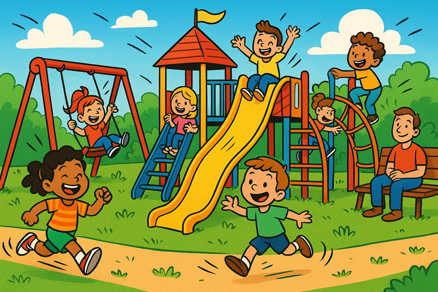arks and playgrounds free fun cartoon with kids playing on colorful equipment.
