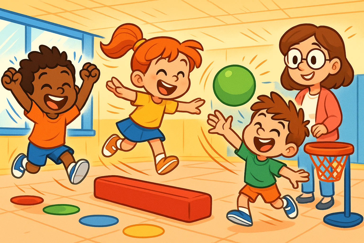 Cartoon showing preschoolers doing physical development activities in a play area.