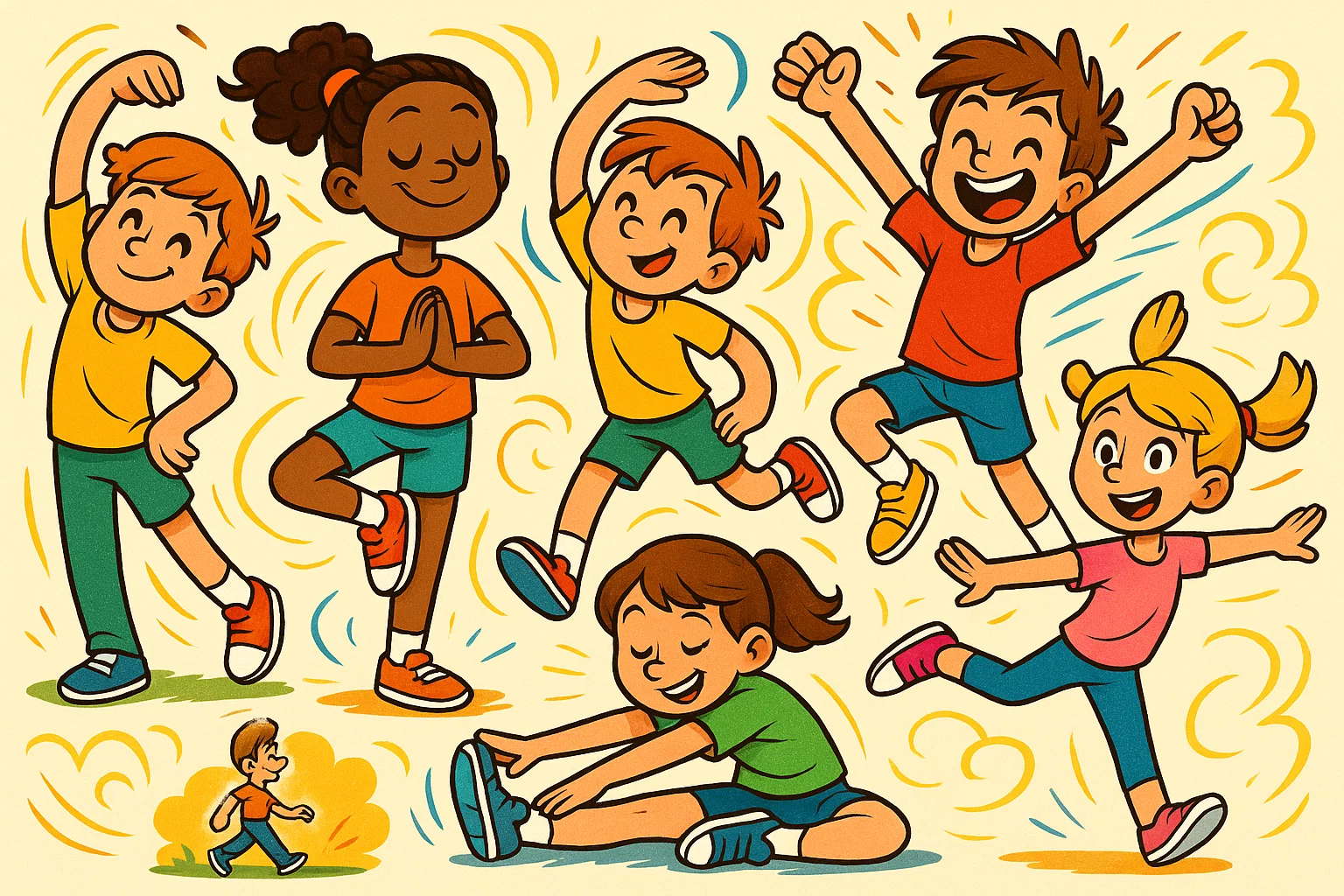 Children doing physical wellbeing activities with fun movement and energetic poses.
