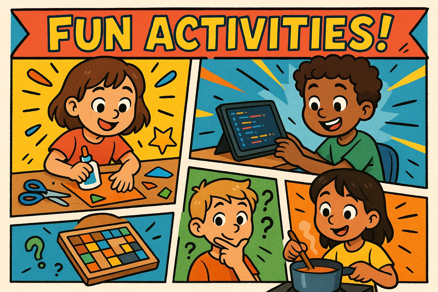 Popular educational activities age 9 graphic showing children doing varied tasks.