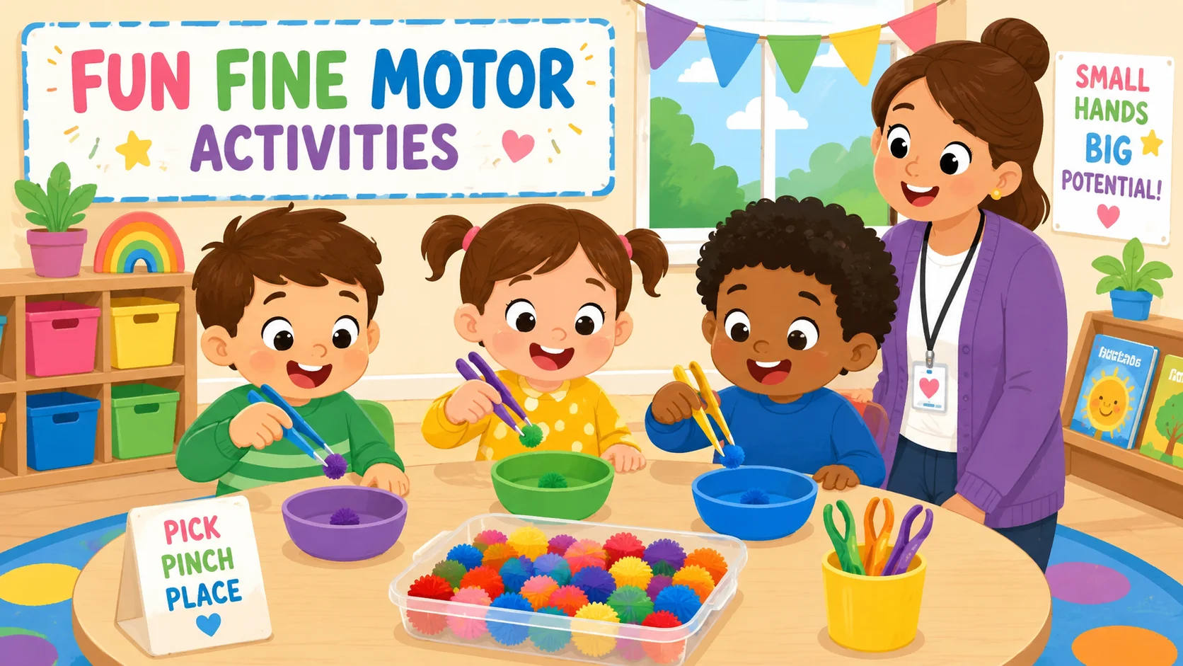 Preschool fine motor activities with pom pom sorting at classroom table.