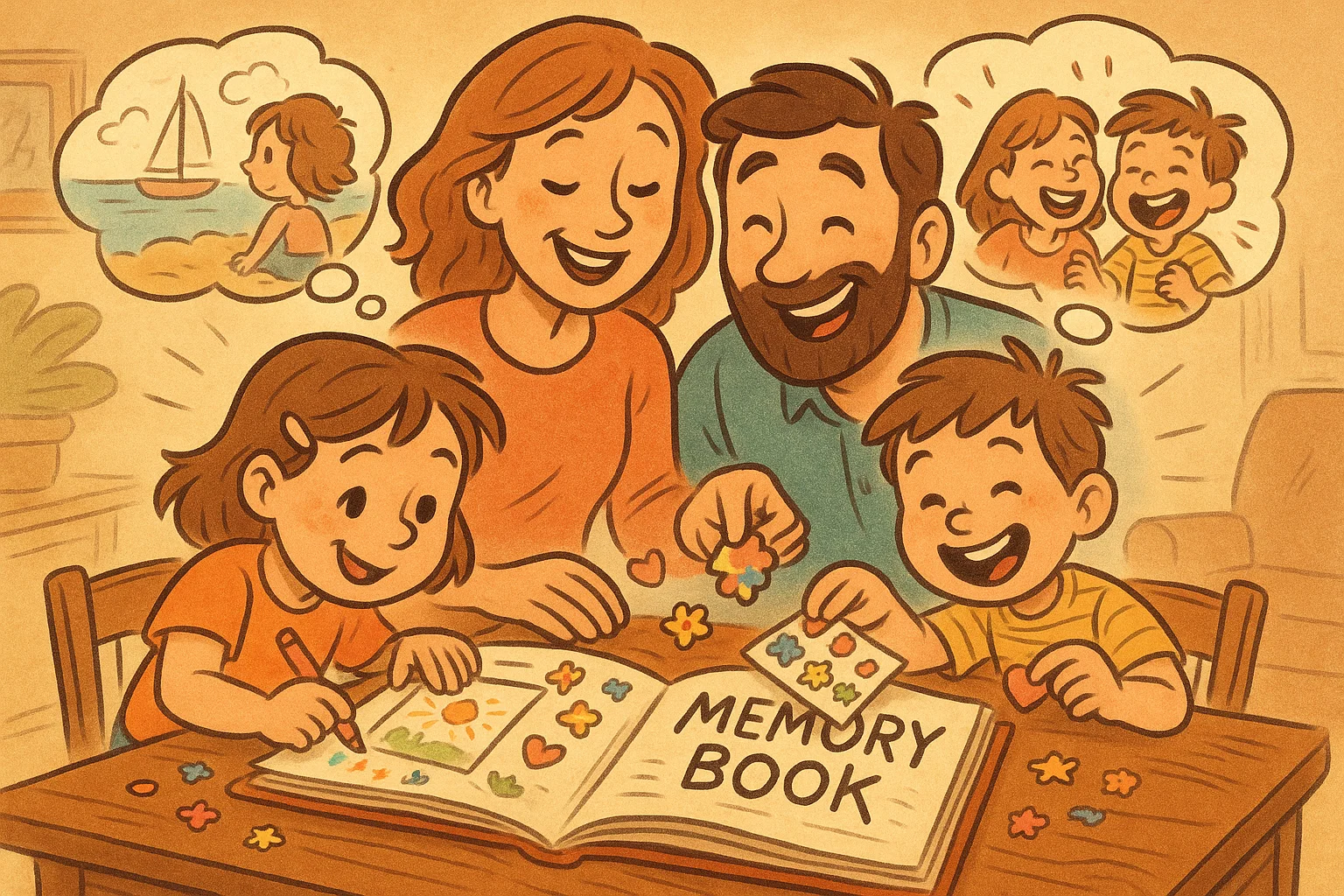Preserve family stories learning moments cartoon showing joyful memory making.
