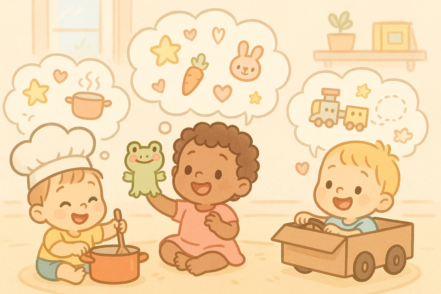 Pretend play imagination games for toddlers with cartoon cooking, puppets and creative play.
