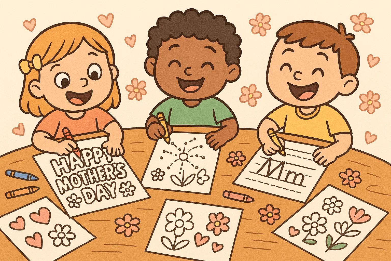 Kids working on printable mothers day activity sheets cartoon at a craft table.