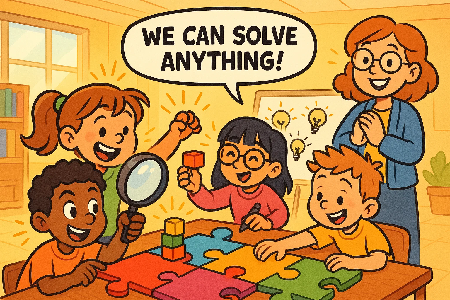 Kids doing a problem-solving kids classroom activity with teamwork and creative thinking.