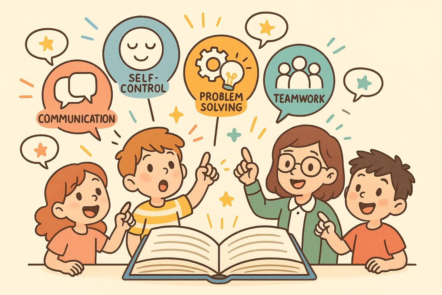 Kids exploring key benefits of a life skills program with playful icons and bright colors.