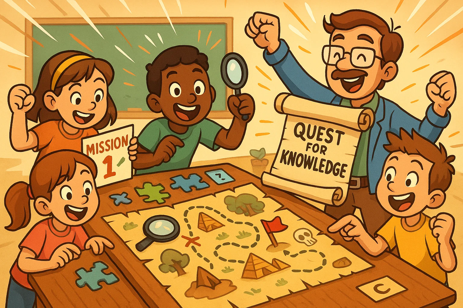 Quest for Knowledge offline activity game with students solving clues to reinforce online learning.