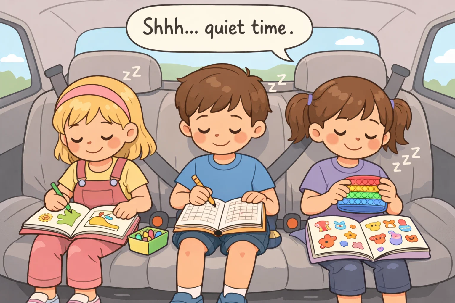  Quiet car activities for kids using coloring books and calm travel toys.
