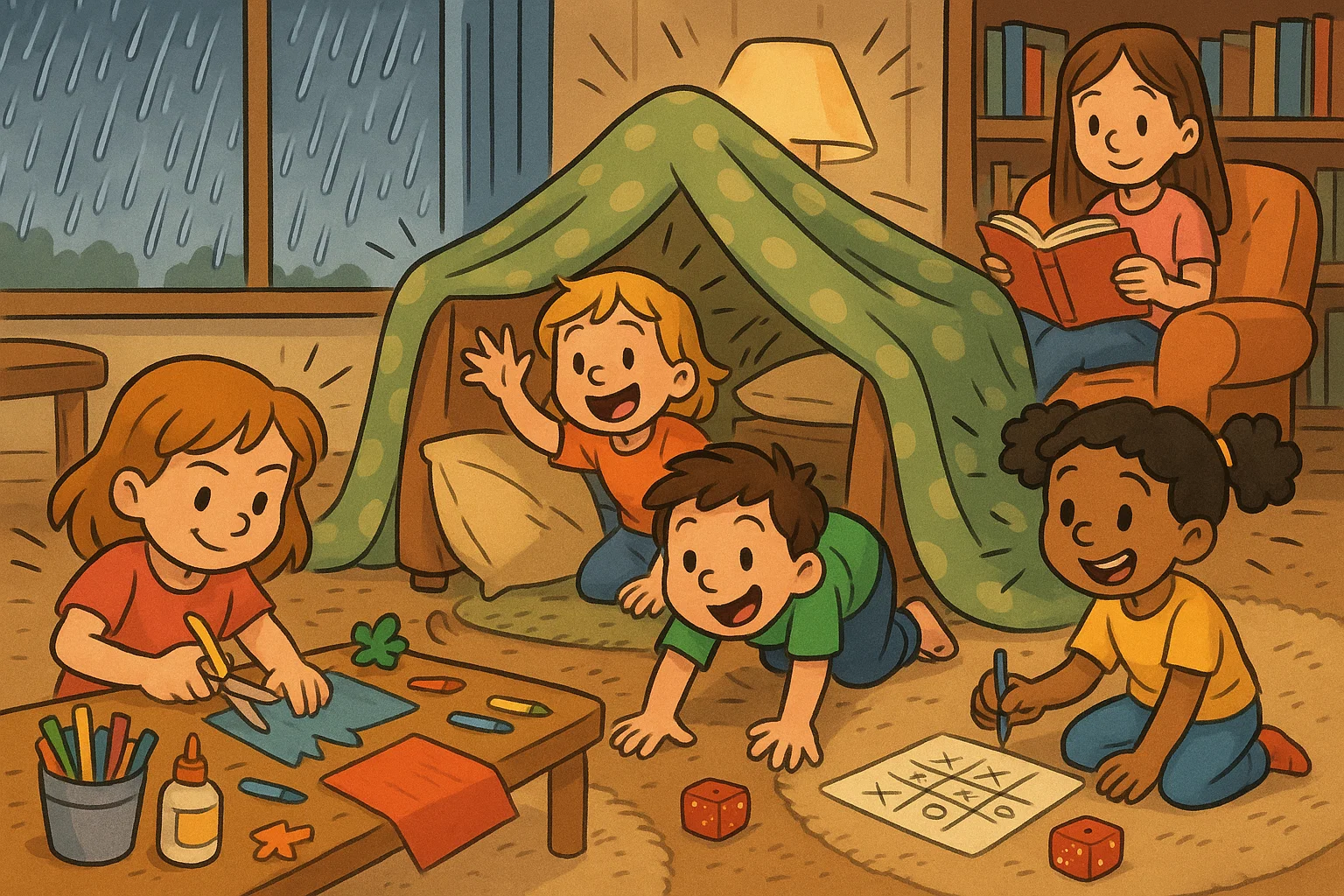 Rainy day free kids activities cartoon with children crafting and playing indoors.
