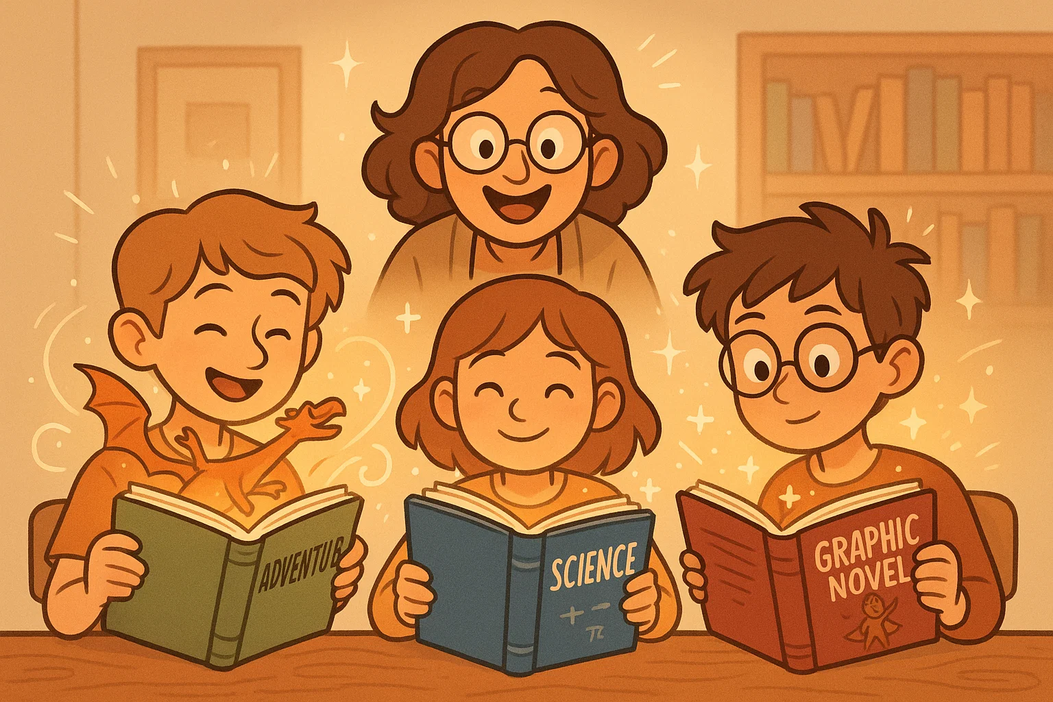 Reading activities for 12 year olds illustrated with kids reading engaging books.