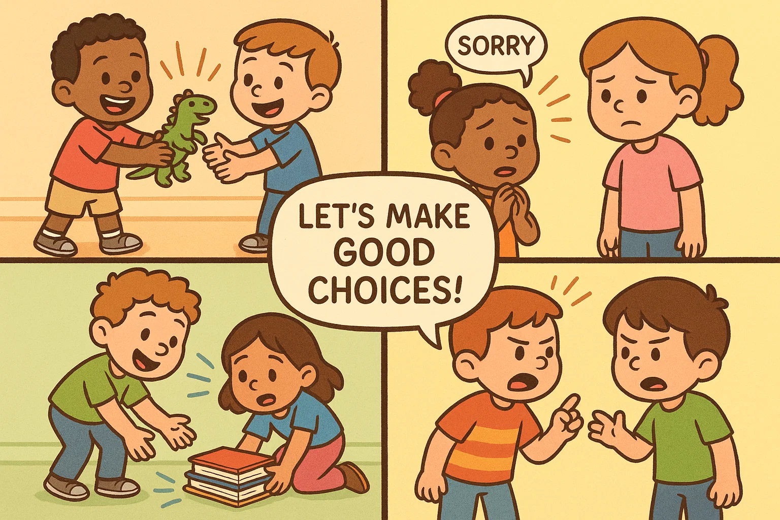 Real life scenario activities teaching decency through sharing helping and cooperation.
