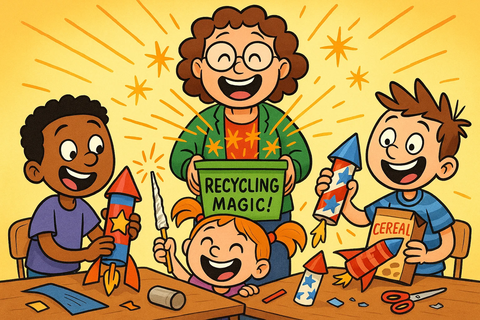 Children making recycled firework projects with cardboard rockets and foil spark crafts.
