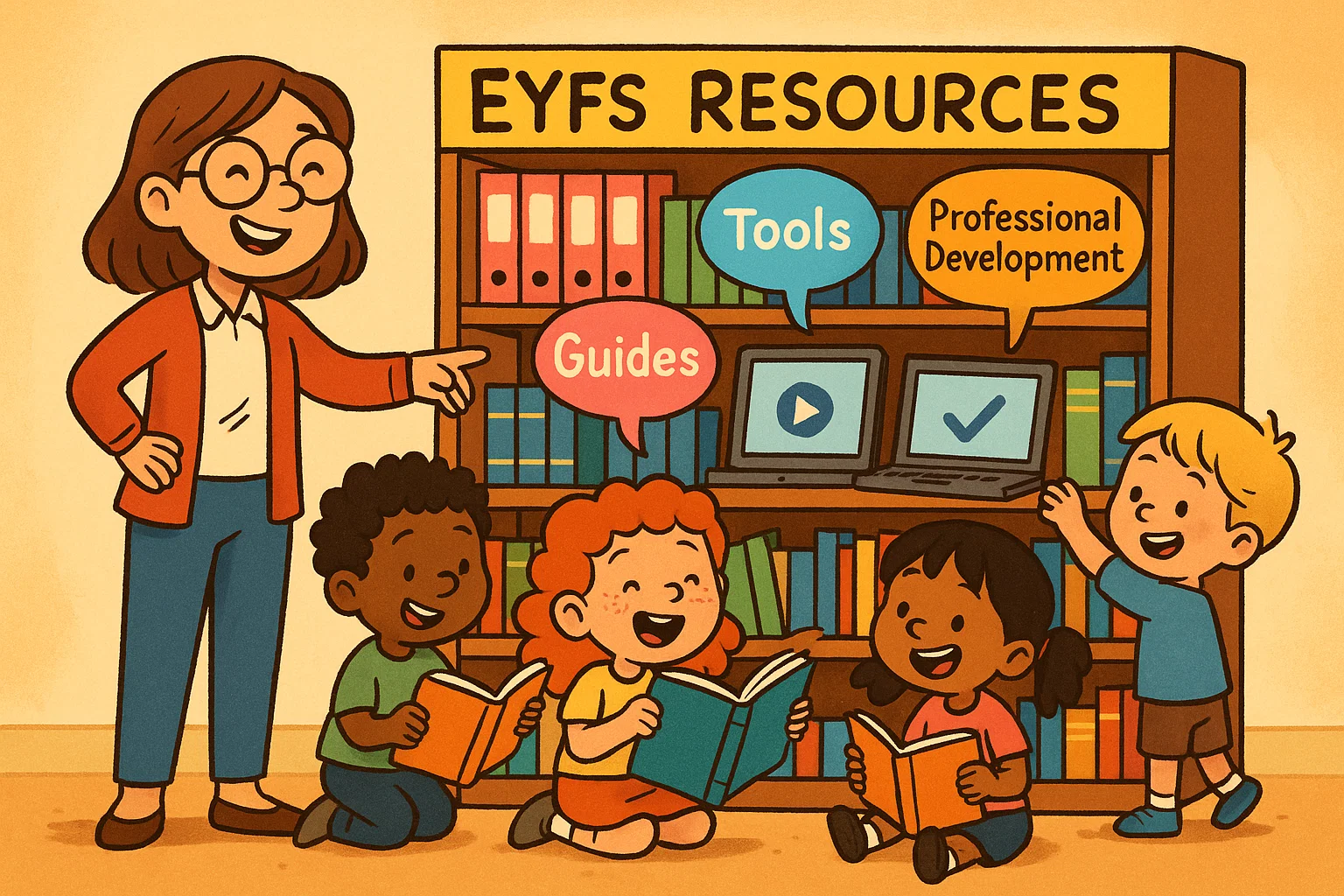 EYFS resources and support with a teacher guiding children through materials.
