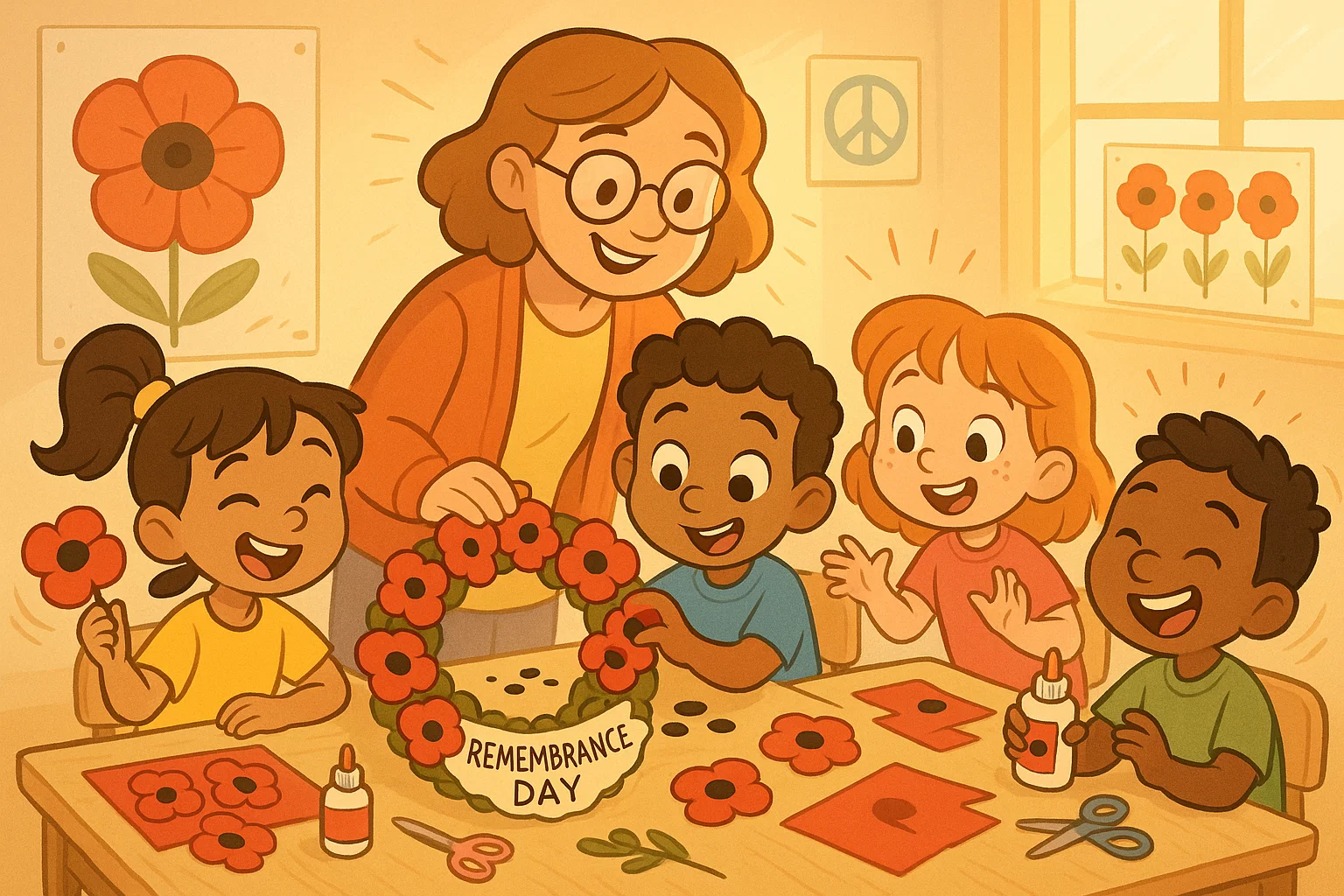 Children doing Remembrance Day activities and making poppy crafts in a bright classroom.