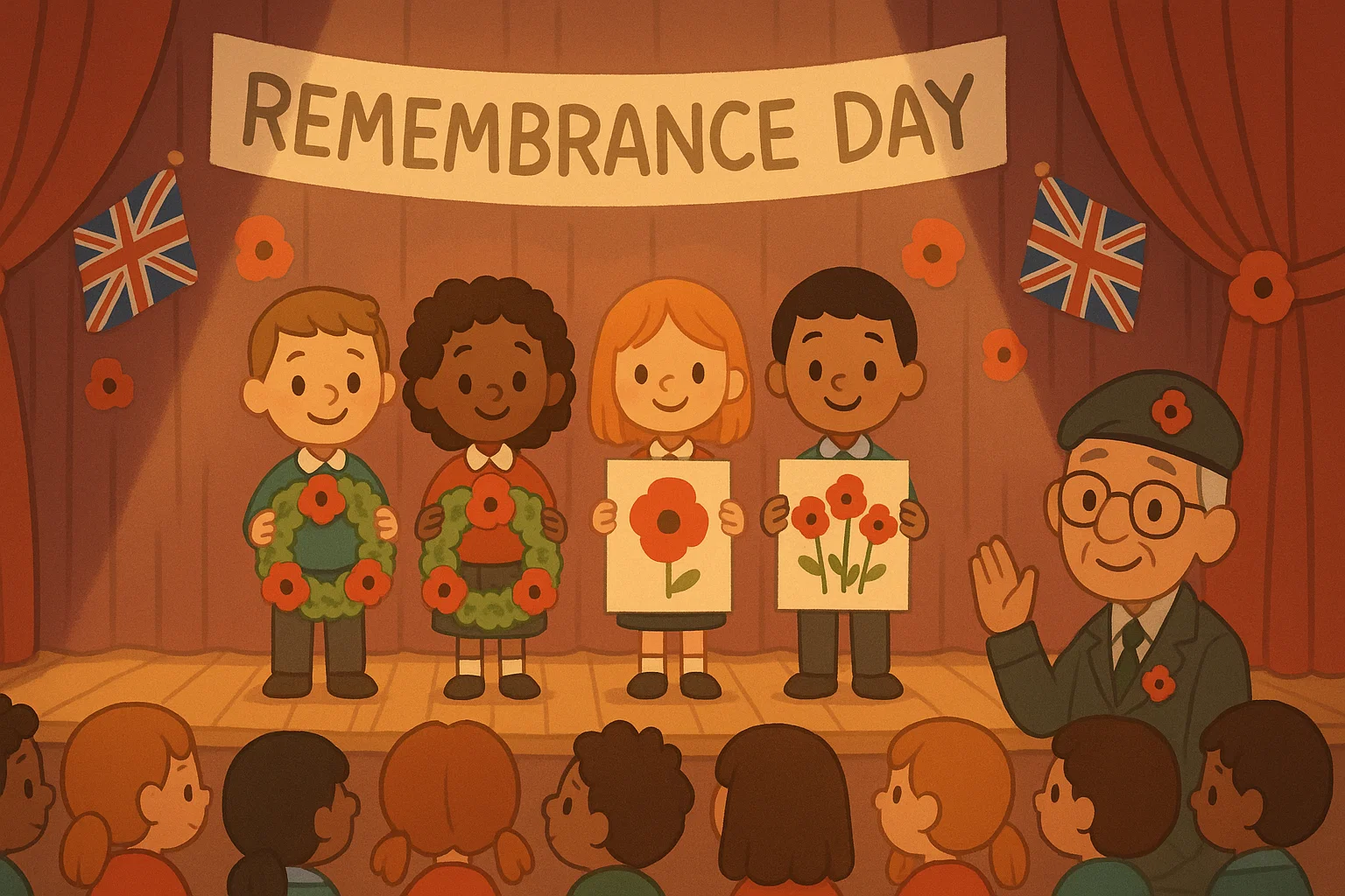 Children participating in Remembrance Day community and school events during an assembly.