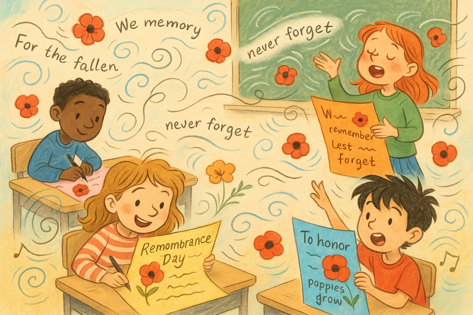 Kids working on Remembrance Day poetry activities with colorful classroom art.

